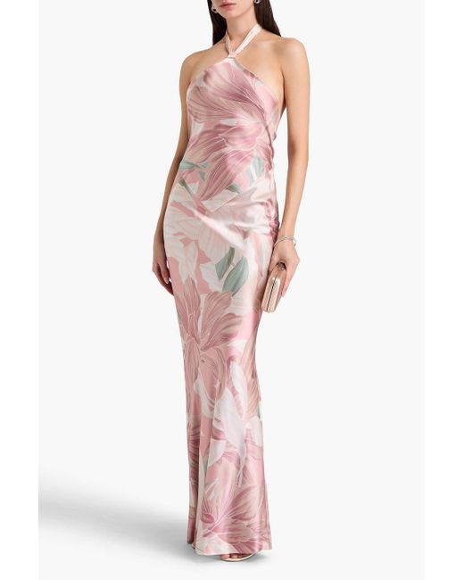 retroféte Pink Ester Floral-print Stretch-silk Satin Halterneck Gown