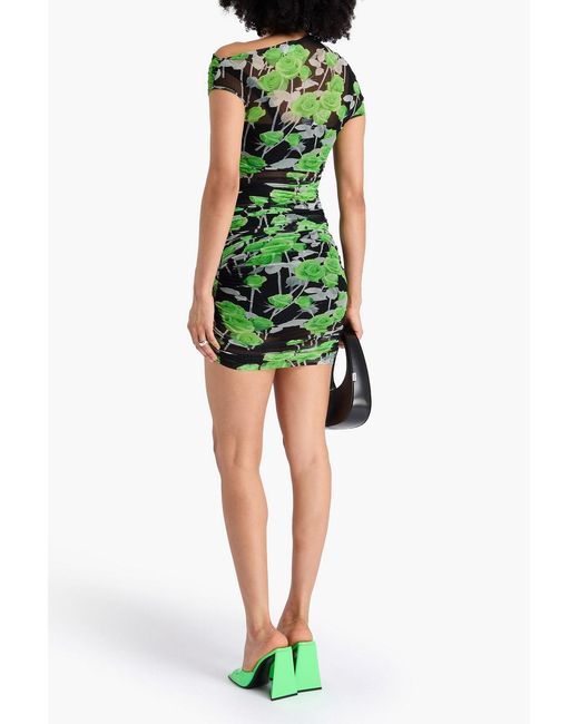 David Koma Green Ruched Floral-print Stretch-mesh Mini Dress