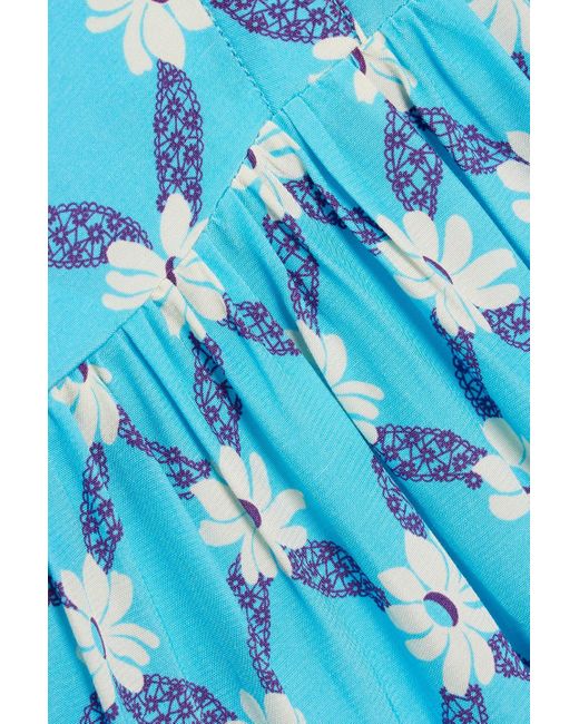 HVN Blue Willow Gathered Printed Crepe Dress