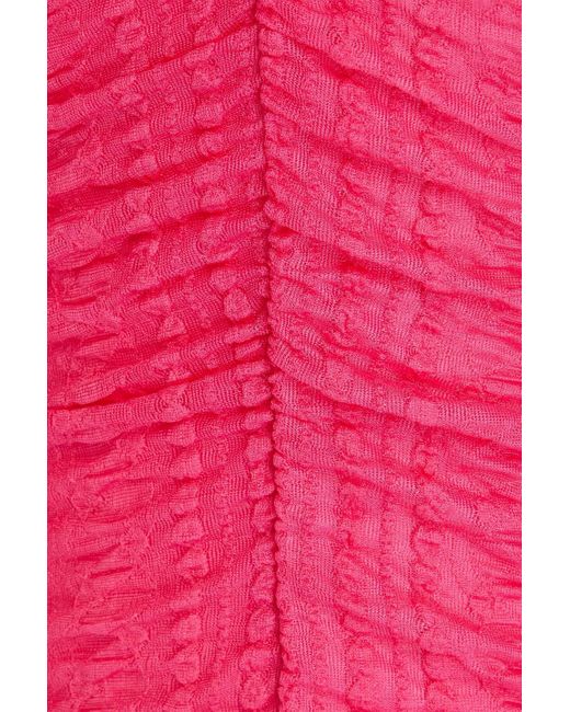Ganni Pink Ruched Textured-knit Halterneck Maxi Dress