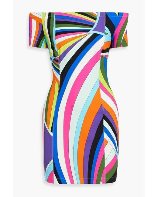 Emilio Pucci Blue Off-the-shoulder Printed Stretch-ponte Mini Dress