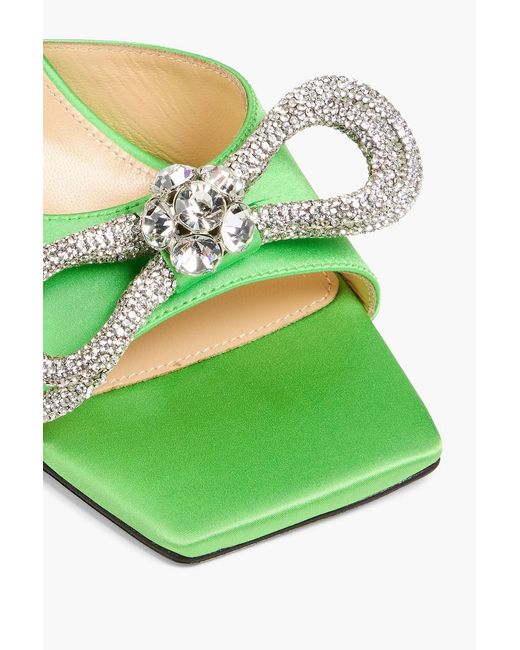 Mach & Mach Green Double Bow Crystal-Embellished Satin Mules