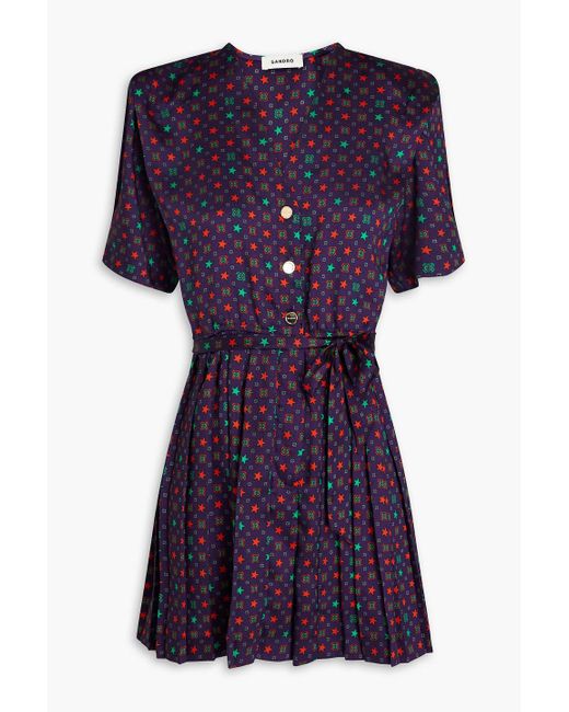 Sandro Purple Pleated Printed Satin-twill Playsuit