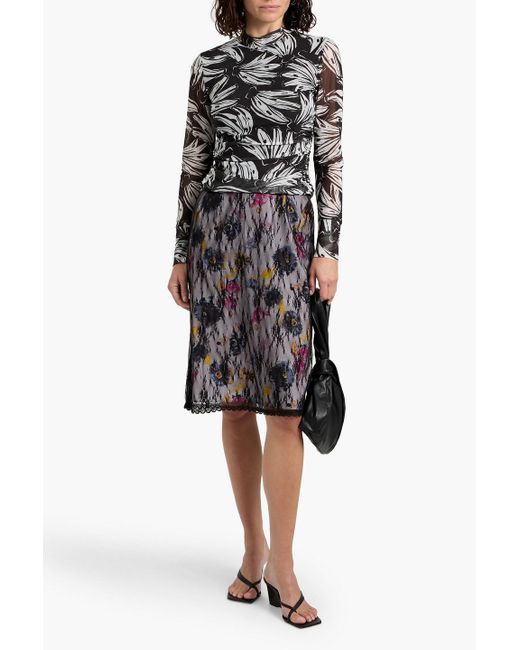 Farm Rio Black Ruched Printed Stretch-Mesh Top