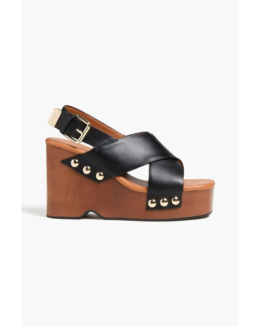 Maje Black Embellished Leather Wedge Slingback Sandals