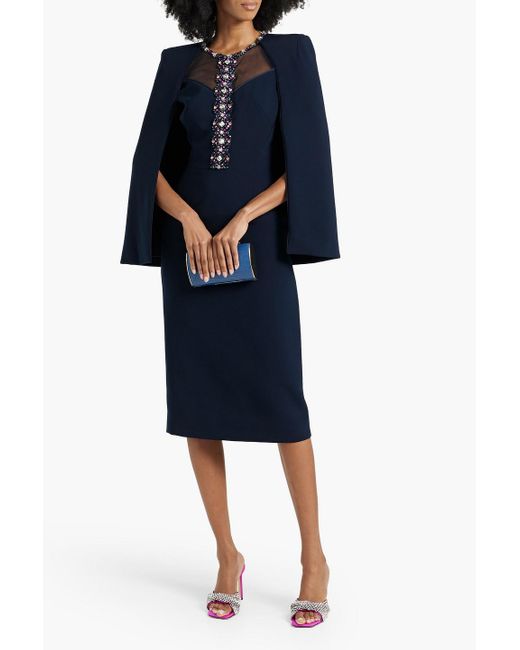 Jenny Packham Blue Embellished Cape-effect Crepe Midi Dress