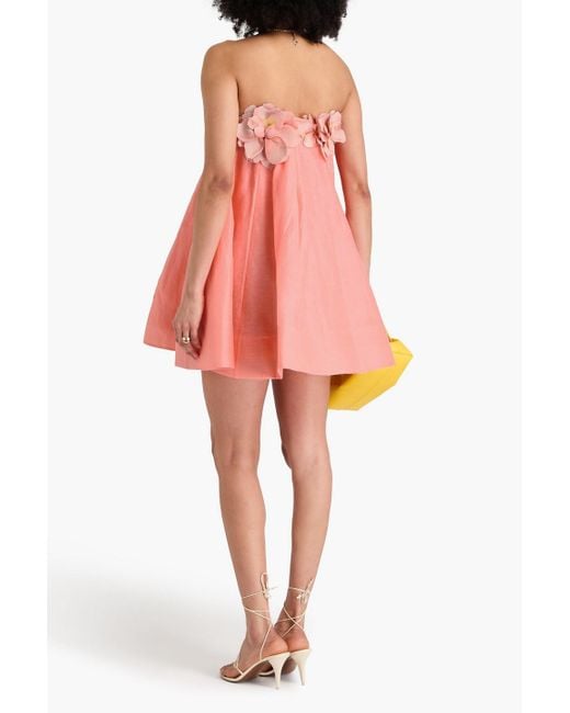 Zimmermann Pink Strapless Floral-Appliquéd Linen And Silk-Blend Gauze Mini Dress
