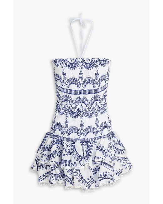 Charo Ruiz Blue Megan Embroidered Shirred Cotton-Blend Halterneck Mini Dress