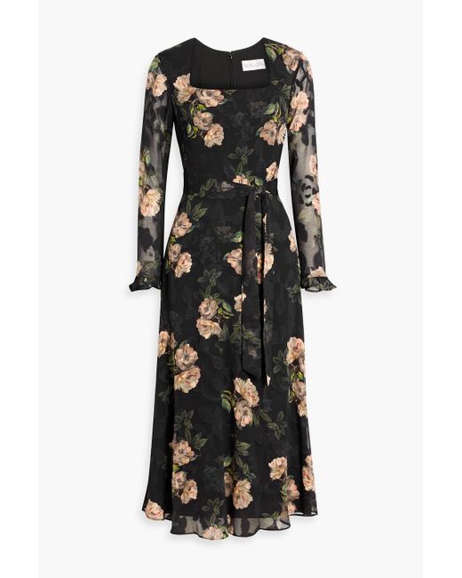 Mikael Aghal Black Floral-Print Fil Coupé Chiffon Midi Dress