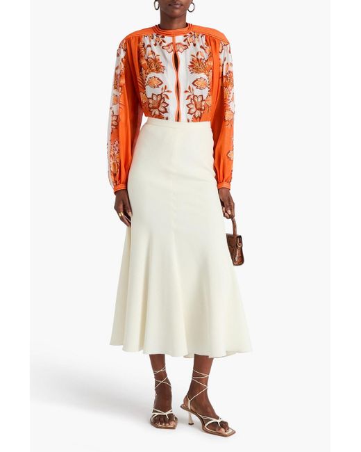 Farm Rio Orange Cutout Floral-Print Cotton-Voile Blouse