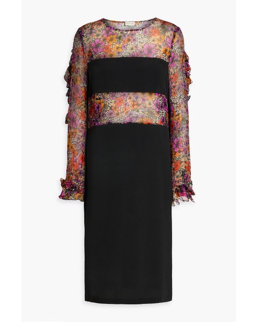 Dries Van Noten Black Ruffled Floral-print Georgette-paneled Silk-blend Crepe Dress