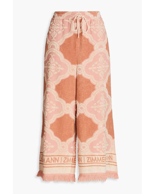 Zimmermann Pink Frayed Printed Cotton-terry Wide-leg Pants
