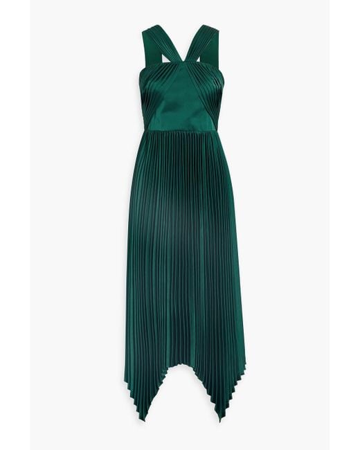 THEIA Green Eleanora Asymmetric Pleated Satin Midi Dress