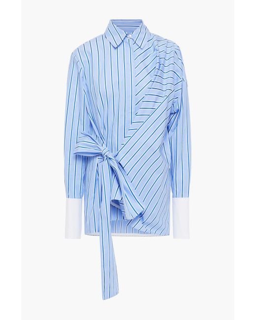 Victoria, Victoria Beckham Blue Wrap-effect Striped Cotton-poplin Shirt