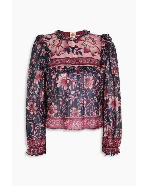 Farm Rio Blue Ruffled Floral-Print Cotton-Voile Blouse