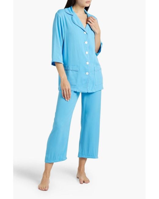 Sleeper Blue Party Feather-trimmed Crepe De Chine Pajama Set