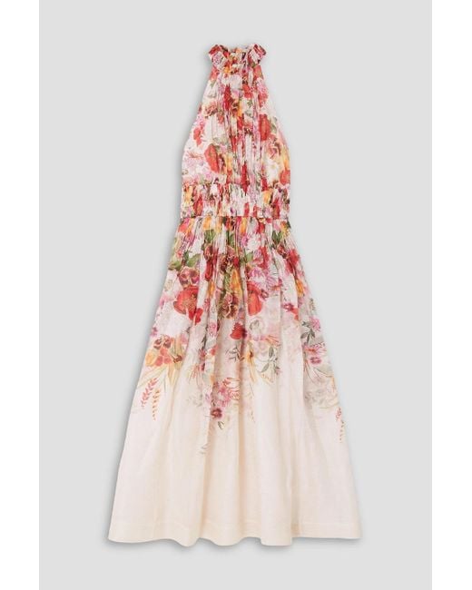 Zimmermann Pink Floral-print Linen And Silk-blend Organza Midi Dress
