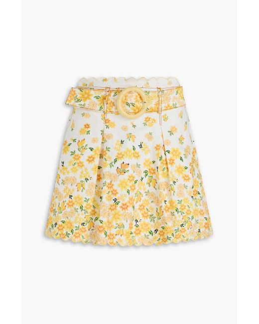 Farm Rio Metallic Belted Floral-print Denim Mini Skirt