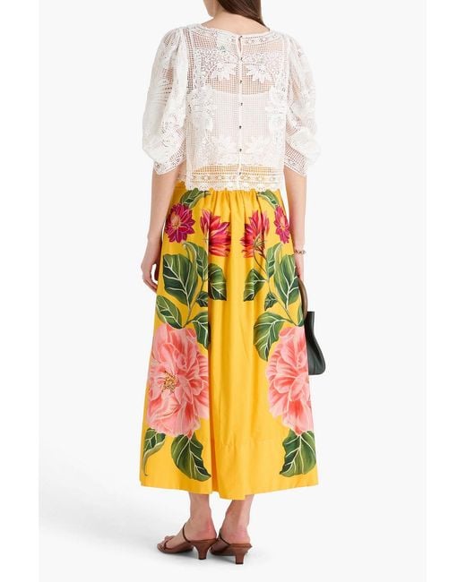 Farm Rio Yellow Floral-Print Cotton-Poplin Midi Skirt