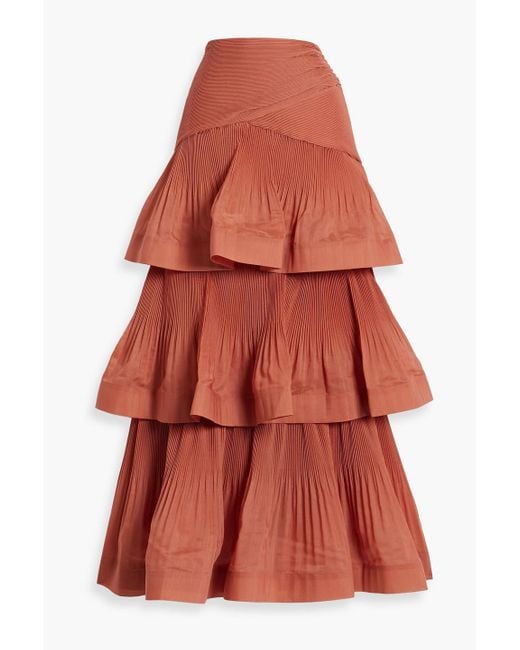 Zimmermann Orange Tiered Plissé-organza Maxi Skirt