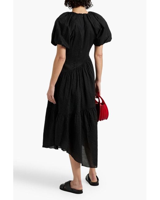FRAME Black Asymmetric Gathered Cotton-seersucker Midi Dress