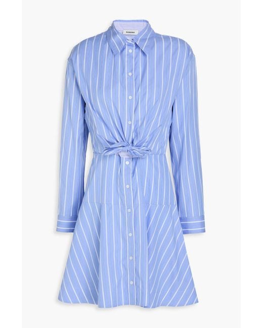 Sandro Blue Tie-detailed Striped Cotton-poplin Mini Shirt Dress
