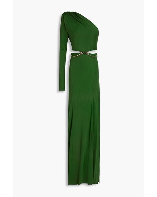 Victoria Beckham Green One-sleeve Belted Cutout Jersey Gown