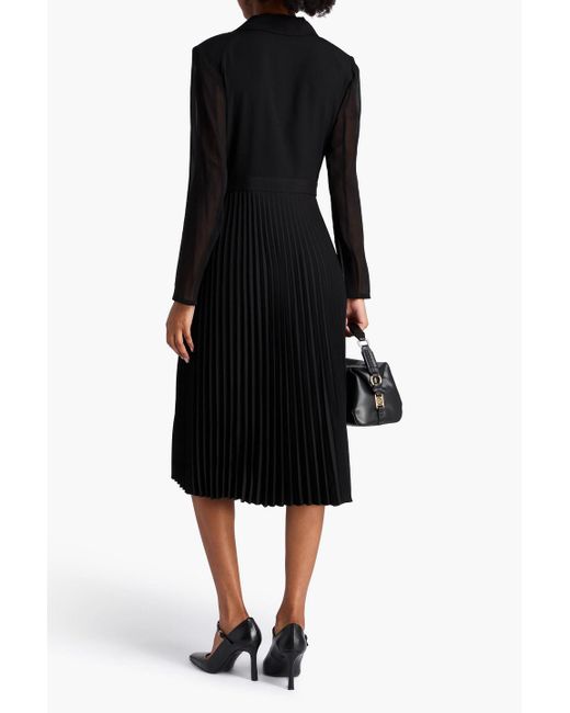 Sandro Black Pleated Crepe And Chiffon Midi Wrap Dress