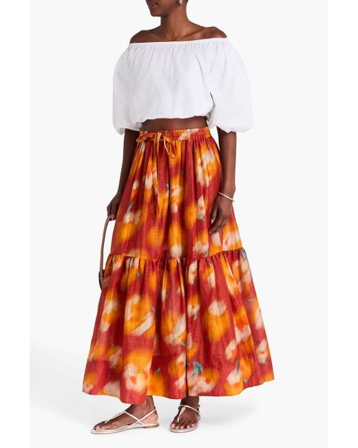 Lee Mathews Orange Ginger Printed Linen And Silk-blend Maxi Skirt
