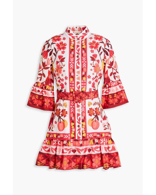 Farm Rio Red Belted Floral-Print Cotton-Poplin Mini Dress