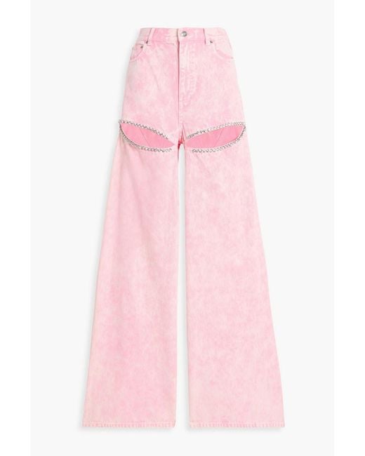 Area Pink Cutout Crystal-Embellished High-Rise Wide-Leg Jeans