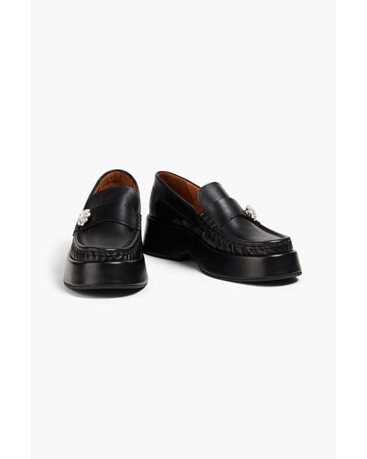 Ganni Black Crystal-embellished Leather Platform Loafers