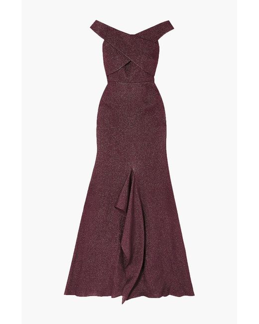Roland Mouret Purple Ray Off-the-shoulder Metallic Piqué Gown
