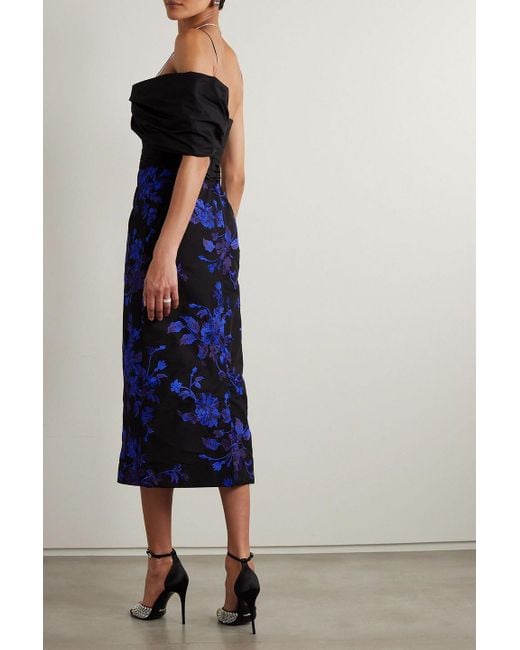 Erdem Blue One-Shoulder Embroidered Cotton-Faille Midi Dress