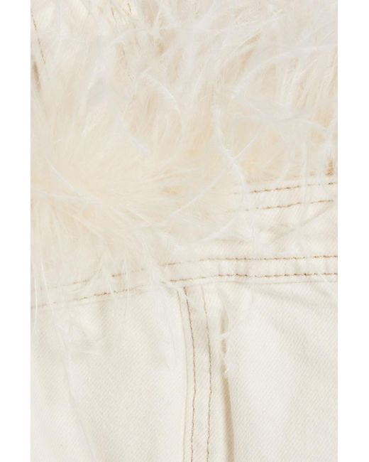 Jonathan Simkhai White Reeves Cropped Feather-Trimmed Denim Top