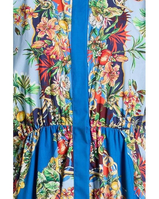 Maje Blue Pleated Floral-Print Cotton-Poplin Midi Shirt Dress
