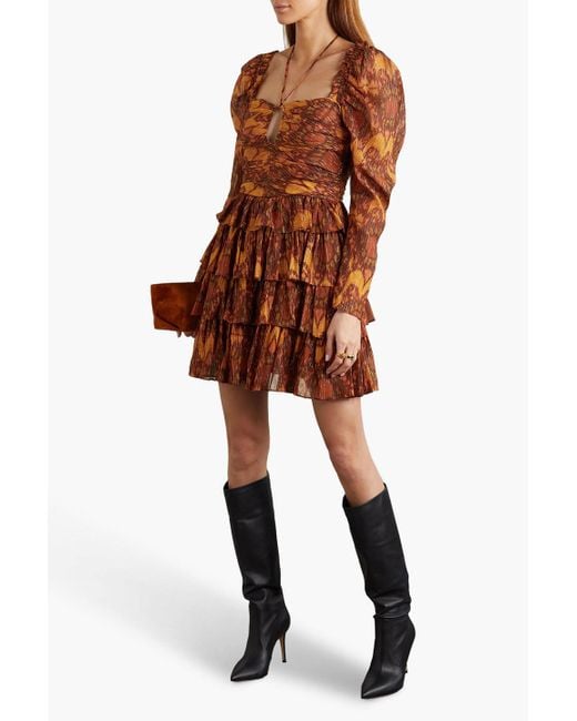 Ulla Johnson Brown Naiya Ruffled Metallic Printed Cotton-blend Crepon Mini Dress