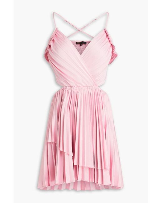 Maje Pink Cutout Pleated Satin-crepe Mini Dress