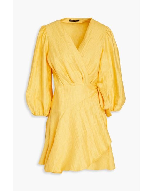 Maje Yellow Crinkled Linen-blend Mini Wrap Dress