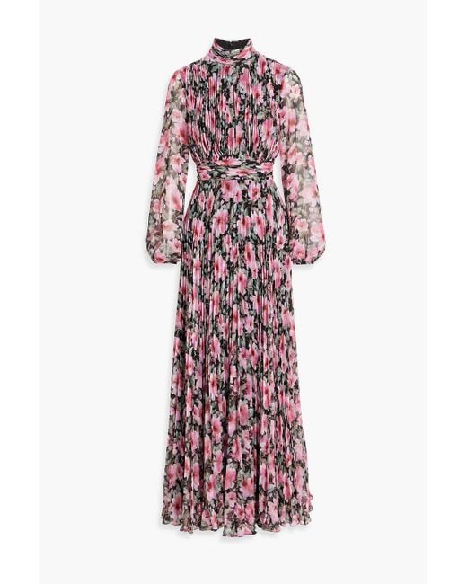 Mikael Aghal White Cutout Floral-print Plissé-chiffon Maxi Dress