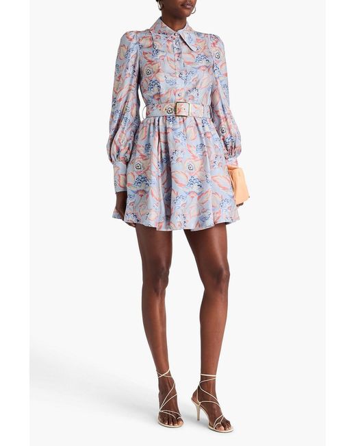 Zimmermann White Eden Belted Floral-Print Silk-Twill Mini Shirt Dress