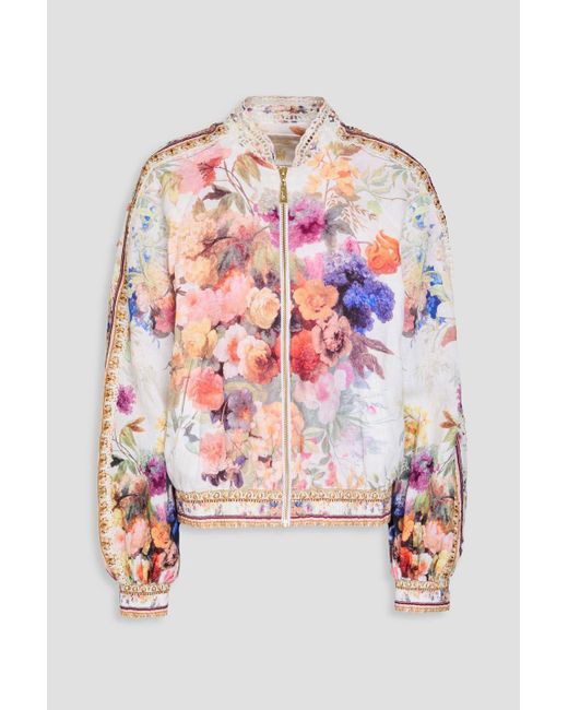 Camilla White Embellished Floral-print Linen Bomber Jacket
