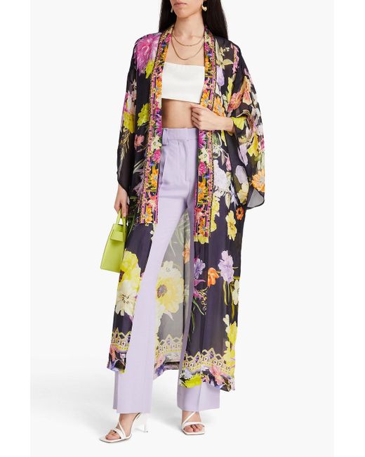 Camilla Blue Crystal-embellished Printed Silk-chiffon Kimono