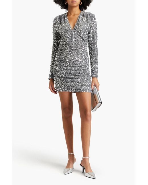 Maje Gray Ruched Sequined Velvet Mini Dress