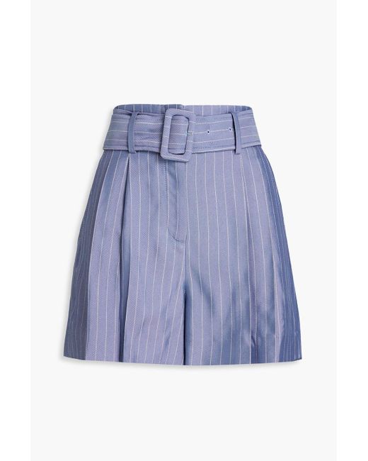 Sandro Blue Artis Belted Pleated Striped Twill Shorts