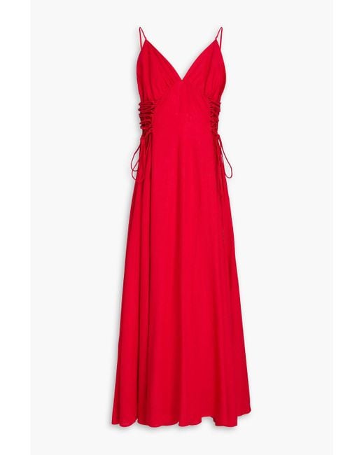 Farm Rio Red Embellished Lace-Up Linen-Blend Maxi Dress