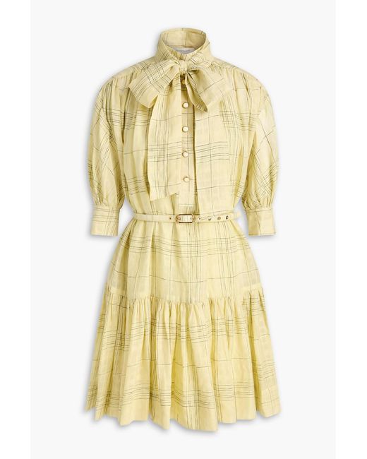 Zimmermann Yellow Belted Checked Linen And Cotton-Blend Mini Dress