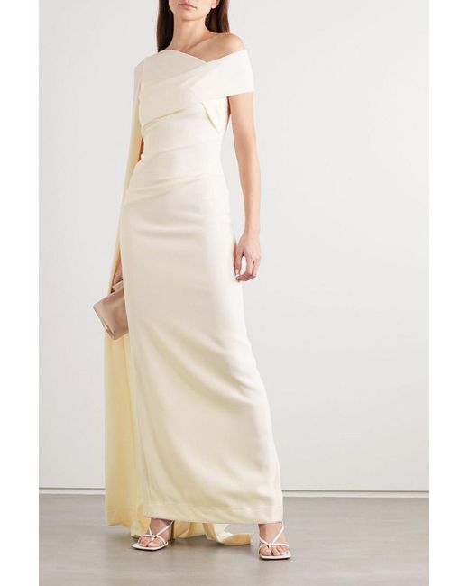 Talbot Runhof Natural Cape-effect Off-the-shoulder Ruched Stretch-cady Gown