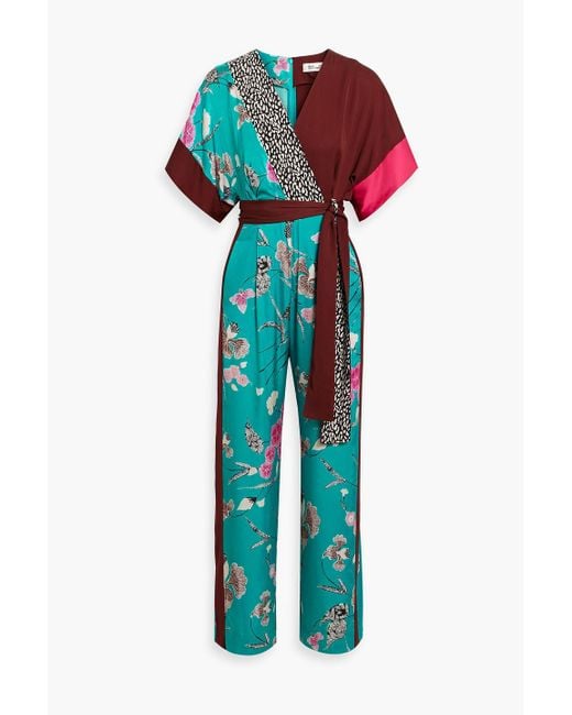 Diane von Furstenberg Blue Rinna Printed Satin Wide-Leg Jumpsuit