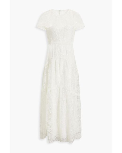 ML Monique Lhuillier White Sequined Lace Midi Dress